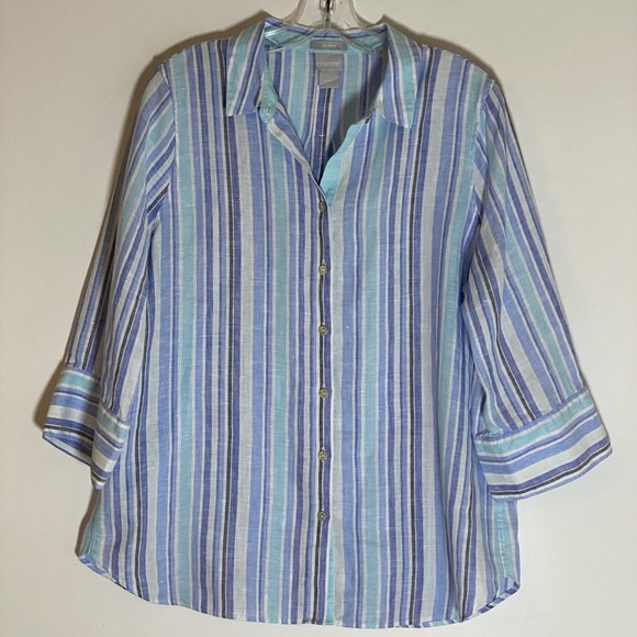 Chico's Tops - Chicos Top Womens 1 Medium Blue Multi Striped 100% Linen Button Up Boho Nice M